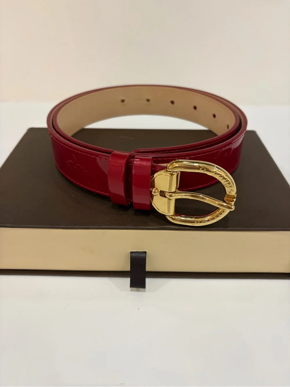 Authentic Louis Vuitton Women's Red Patent Leather Belt with Gold Buckle